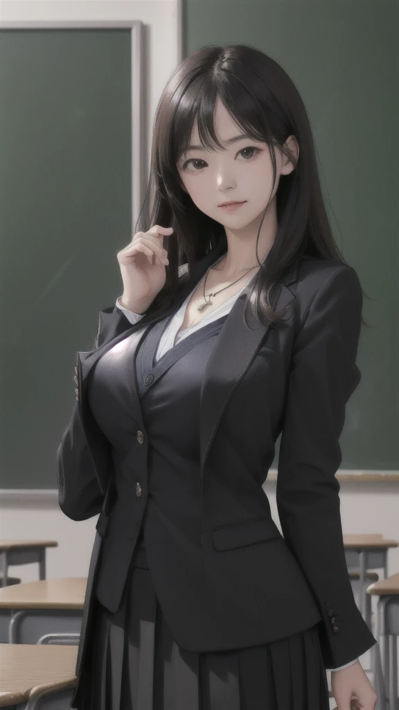 (Highly detailed CG Unity 8k wallpaper)、(masterpiece)、(Highest quality)、(Super detailed)、(Best illustrations)、(Best Shadow)、Ultra-high resolution、(Real、Photorealistic:1.2)、(Beautiful student teacher:1.4)、Dark brown long hair、(Large Breasts:1.2)、(School classroom:1.4)、(Black suit skirt:1.4)、(Cute Necklace:1.2)、Puffy eyes、(Stand at the podium with the blackboard behind you:1.2)、(Close-up)、High contrast light、Upper Body