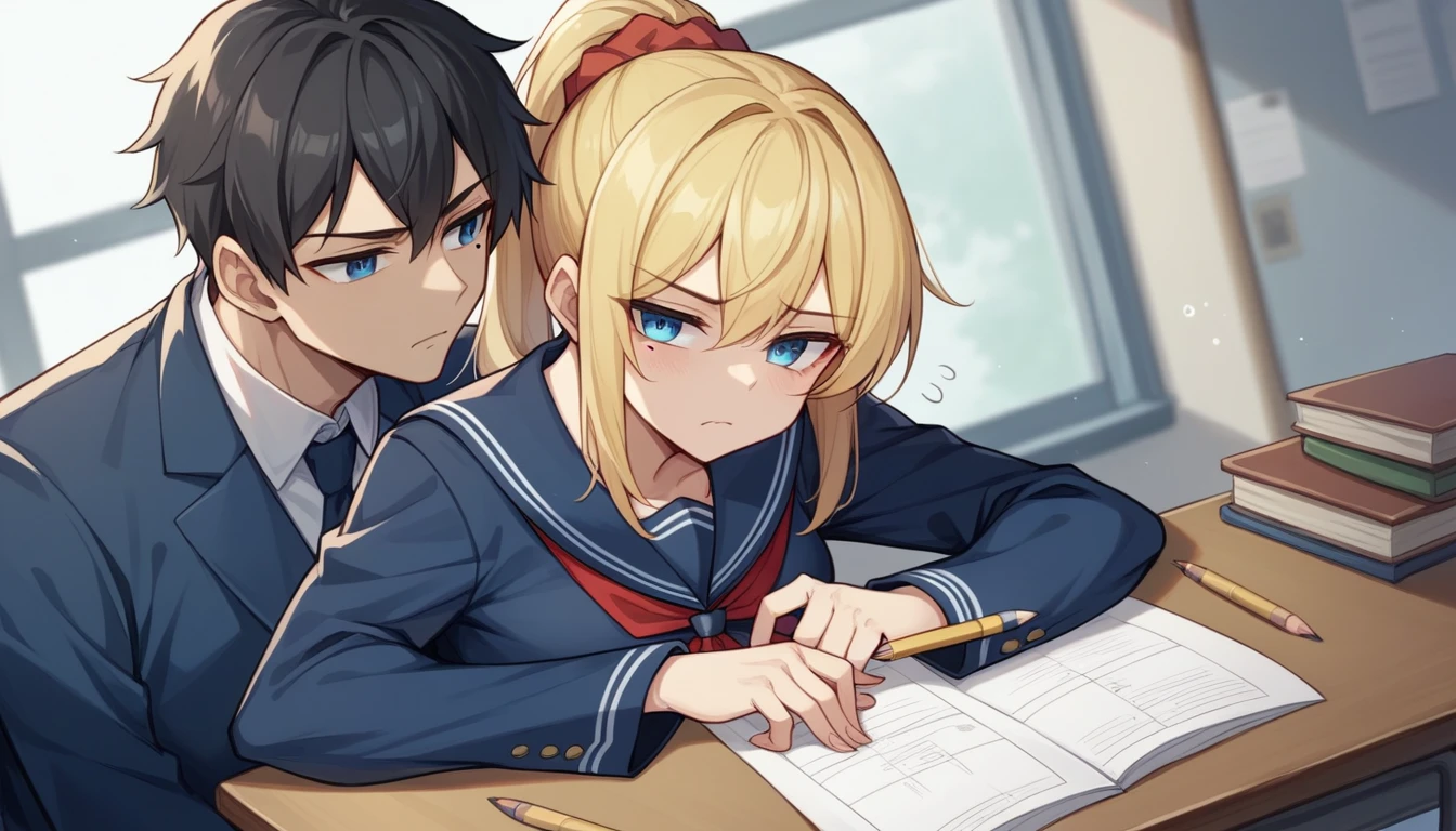 Portrait、512、High School Girl A(Medium hair with black hair、Canine、Tear mole on left eye、White and navy blue sailor suit、Sleepy face、Mechanical pencil in right hand)、High school girl B(ponytail、Blonde、Red scrunchie、White and navy blue sailor suit、Serious face)、Boy in the background(Navy blue blazer)During class、Textbooks and notebooks on the desk、Background is blurred