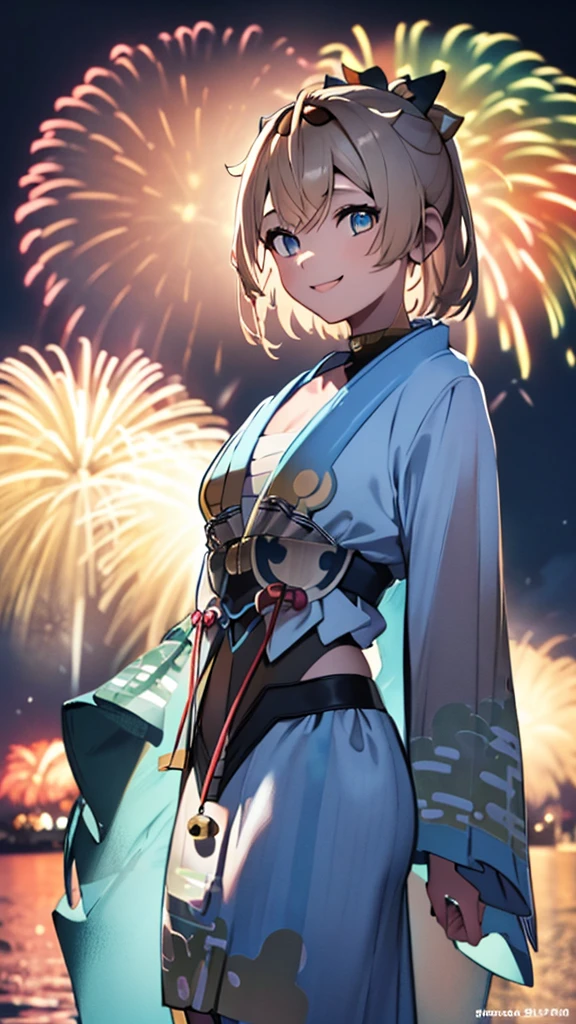 (masterpiece, Highest quality, Super detailed),One girl,((super fine illustration)),((cute eyes,highly detailed skin)),((smile)),(well endowed,Blessed,Captivating body、Detailed Background)、(yukata:1.5),firework,(大量のfirework,Night view,Ocean)、Festivals