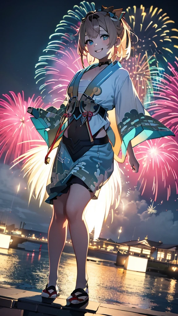 (masterpiece, Highest quality, Super detailed),One girl,((super fine illustration)),((cute eyes,highly detailed skin)),((smile)),(well endowed,Blessed,Captivating body、Detailed Background)、(yukata:1.5),firework,(大量のfirework,Night view,Ocean)、Festivals