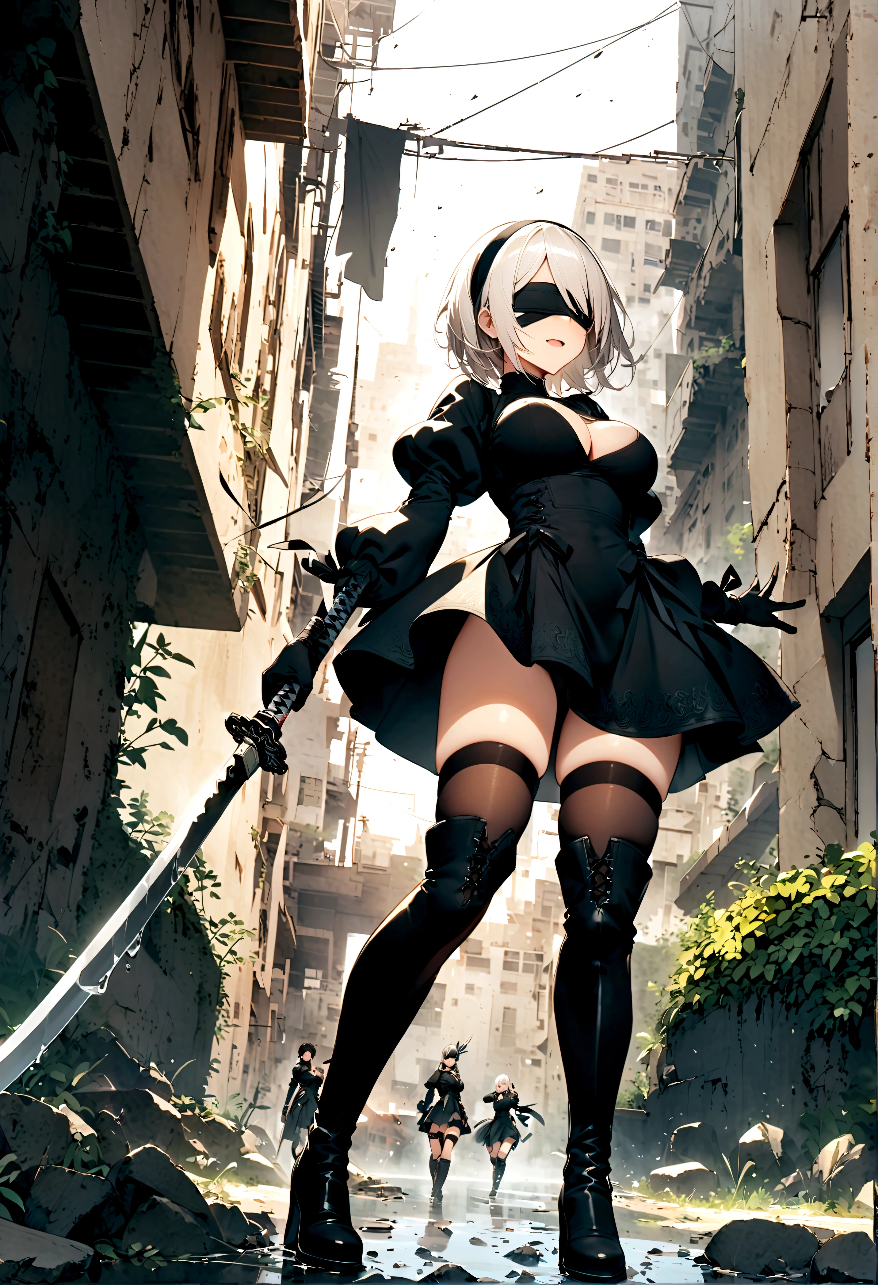 nier、NieR: Automata、Desolate Earth、The battle is on the ground、NULL中戦、hacking、「yorha(yorha)force」、Combat type YoRHa aircraft。He specializes in melee attacks using sword fighting.、Can also handle long-distance attacks using Under。He has a calm and collected personality.、Also, due to the discipline of YoRHaforce, they tend not to show their emotions.。Therefore、Although it seems cold at first glance、I treat my colleagues with consideration and compassion.。Automatic humanoid、big tits milf、big tits milf、big milf、Action RPG released by Square Enix。YoRHa is different.。2 type b、1 girl、disorganized、Black blindfold、Black dress、黒いhair band、blindfold、青NULL、boots、building、City、cloud、covered eyes、Debris、dress、Feather ornamentの袖、Feather ornament、from below、gloves、Grass、hair band、high heels boots、high heels、high resolution、Juliet Sleeve、katana、leather、leather boots、long sleeve、nier \(series\)、NieR: Automata、outdoor、overgrown、Under \(NieR: Automata\)、Post-Apocalypse、Water puddle、puffy sleeves、rubble、Remains、landscape、NULL、thigh high boots、thigh high socks、bootsの下のthigh high socks、water