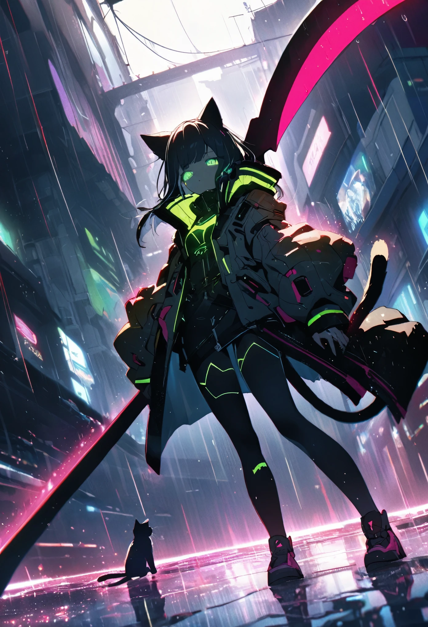 Detailed silhouette of a cyberpunk girl with cat ears and a tail, Flowing, Tattered coat, He carries a giant scythe with a mechanical cat design on it.., Stand on the glossy, Minimalist Reflective Surface, Depth, Dynamic Angle、Particles that glow throughout、Dimly、rain、Fisheye Lens:1.2、far and near method