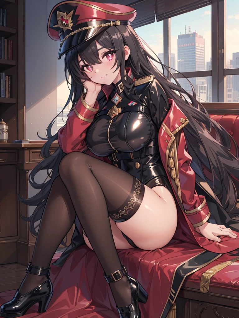 8k,masterpiece, cute,tall,beautiful,best quality, 1lady,black hair,long hair, beautiful eyes, (finely detailed empty pupils and detailed face),,,,extremely detailed cg unity 8k wallpaper,solo,(latex military costume:0.9),large breasts,seductive smile,military hat,latex thighhigh,large breasts,black hair,pink eyes,pink leotard,pantyhose,military coat,enamel suits,grossy lips,sitting,bust shot,sadistic smile,,heel,shiny skin,military coat,detailed face,beautiful body,full-body