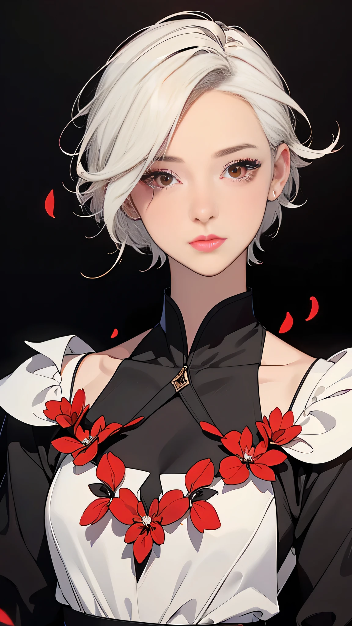 ((masterpiece,Highest quality)),One girl,Beautiful attention to detail, Detailed face, (whole body:1.2), White short hair, Red eyes,Mid-chest, (Black background:1.2), petal, Shadowed face,