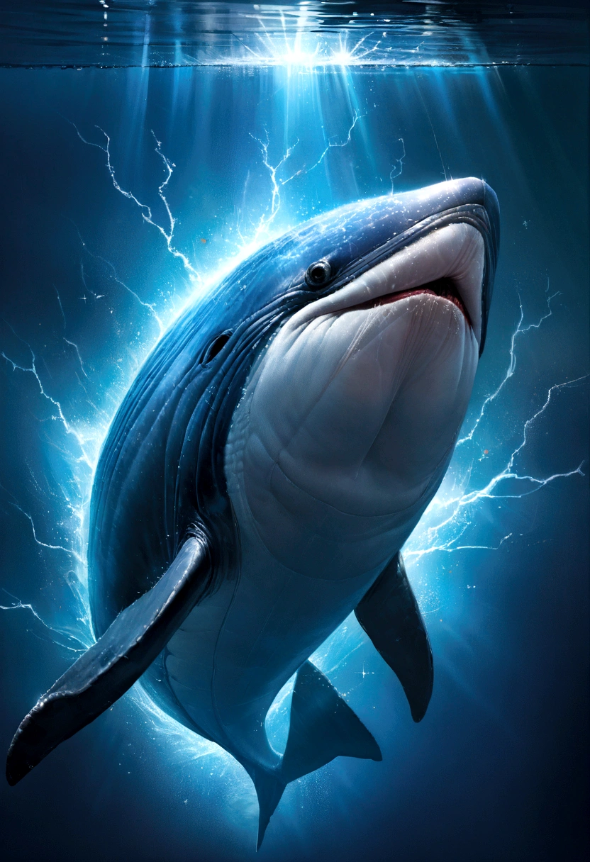 (Excellent: 1.2, Highest Quality), (Realistic, Photorealistic: 1.4), Beautiful illustration, Dutch angle, Reflection of the water surface from underwater, (Electricity-like glow, a large whale diving into the sea), Sparkling light runs through the air, The whale is wrapped in electricity and sparkles, Digital data image background, Rainbow-colored digital space, Large planet in the background,