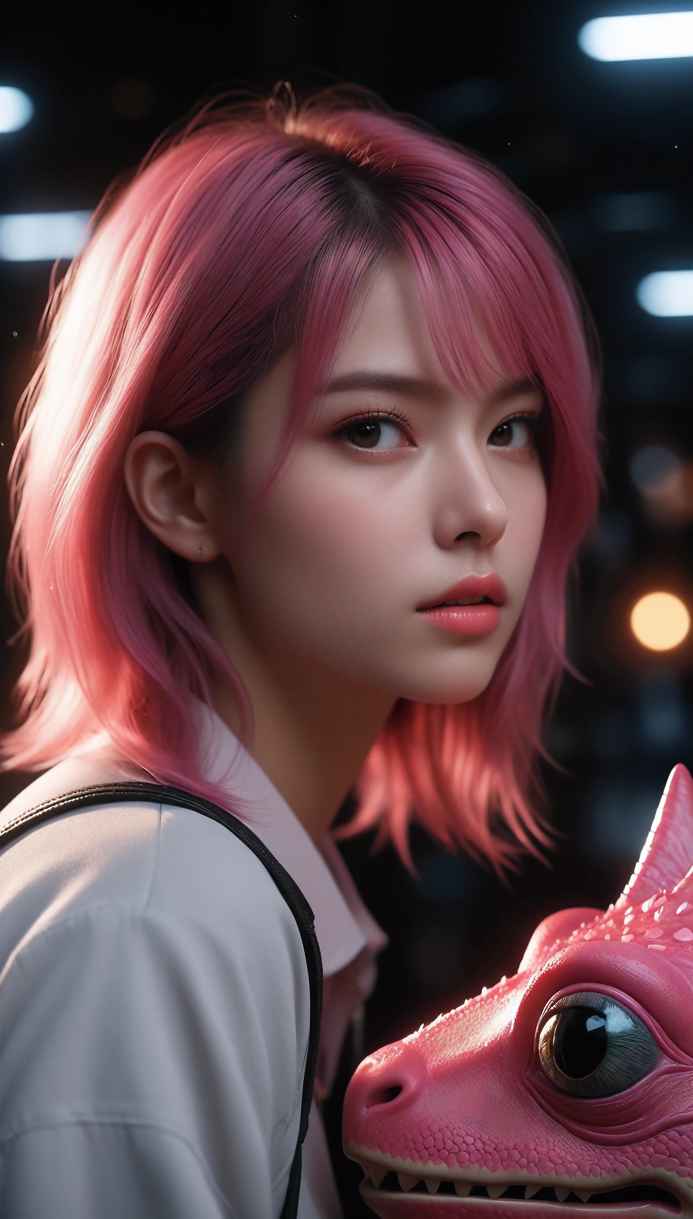 ((Masterpiece in maximum 16K resolution):1.6),((soft_color_photograpy:)1.5), ((Ultra-Detailed):1.4),((Movie-like still images and dynamic angles):1.3). | (Macro shot cinematic photo of beautiful Female with Cute Pink Dinosaur), (Cute pink Dinosaur), (Beautiful Female), (focus on the Dinosaur), (macro lens), (exotic accesories), (Dark Neon), (luminous object), (Cute atmosphere), (shimmer), (aesthetic Female accesories), (visual experience),(Realism), (Realistic),award-winning graphics, dark shot, film grain, extremely detailed, Digital Art, rtx, Unreal Engine, scene concept anti glare effect, All captured with sharp focus. | Rendered in ultra-high definition with UHD and retina quality, this masterpiece ensures anatomical correctness and textured skin with super detail. With a focus on high quality and accuracy, this award-winning portrayal captures every nuance in stunning 16k resolution, immersing viewers in its lifelike depiction. | ((perfect_composition, perfect_design, perfect_layout, perfect_detail, ultra_detailed)), ((enhance_all, fix_everything)), More Detail, Enhance.
