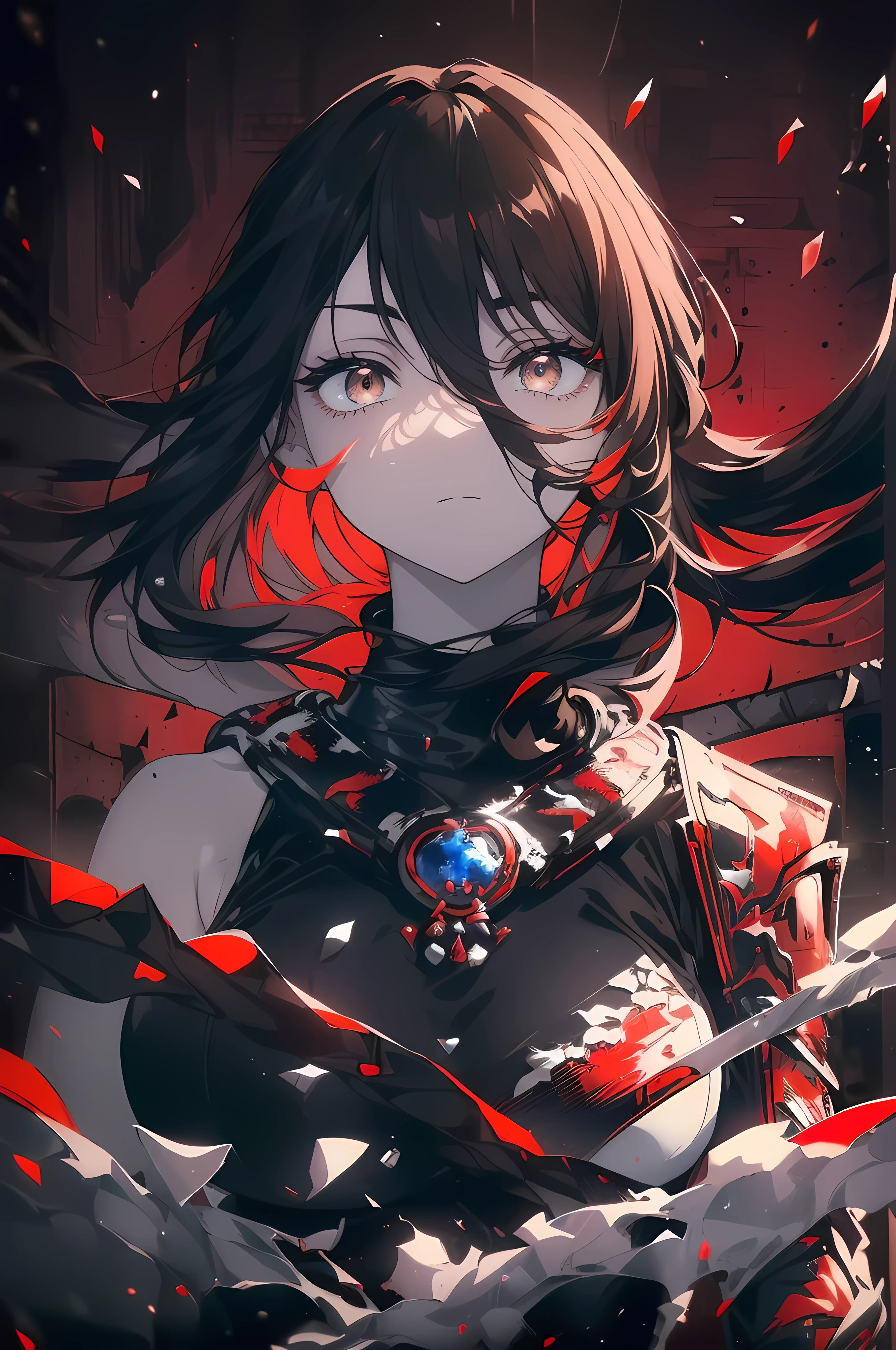 ((Obra maestra, La mejor calidad, ultrahigh resolution)), (((head:1, arms, hips, elbows, in view))), ((perfect hands)), ((half closed eyelat chested, looking at viewer, (head tilt), defined subject, long hair cut, pale skin, ((brown eyes)), ((glowing_eyes)), neon eyes, (ultra detailed eyes:0.7, beautiful and detailed face, detailed eyes:0.9), facing viewer, eye level, ((black hair, dark black hair)), ((a girl in a suit of red samurai armor, standing confidently, ready to fight)), ((katanas on back, hand held katana, attacking viewer with katana)), (wind in hair), ((samurai , clad in red steel armor, red plate armor)), ((vibrant background, snowy landscape, cityscape, snowing, snow)), hands behind back, ((fiery eyes, beautiful lighting, outside, outdoors, background, defined subject, 25 years old, (((a very beautiful, cool and lively image)))
