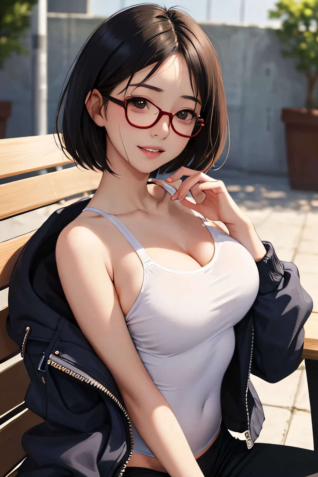 masterpiece, best quality, 1girl, solo, K-NANAMI, ((20yo, japanese face, japanese Actress)), short hair, black hair, black eyes, blue jacket, black gym-wear, (No expression), sitting, outdoors, sitting on a bench, ((upper body, face focus, face close-up)), smile, teeth,One woman has black hair, short cut, red rimmed glasses, has an H-cup bust one piece of underwear for the lower body, very large breasts, very big ass, I can see your pants, white underwear, underwear that digs into the crotch, very beautiful face, indoor,