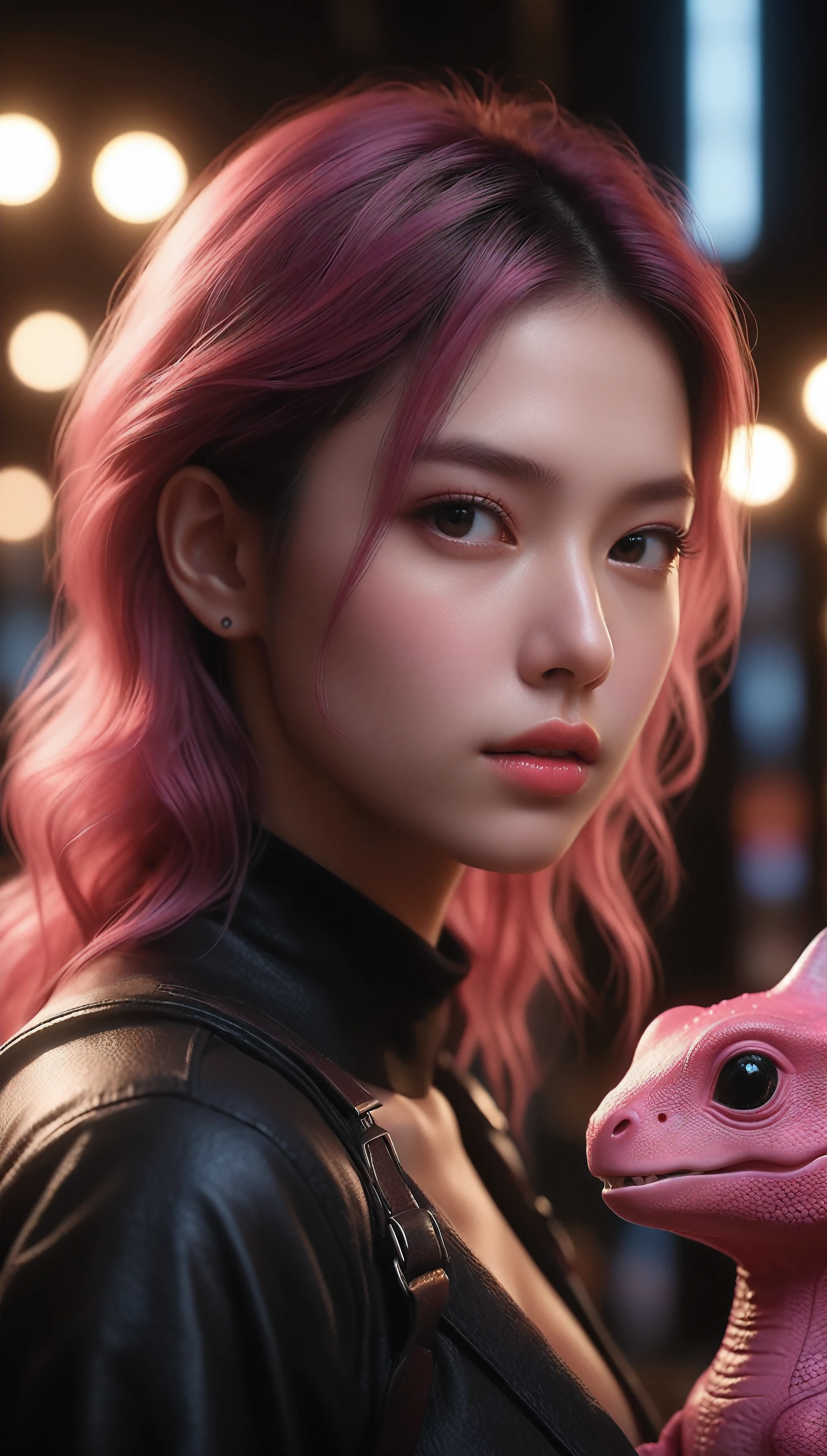 ((Masterpiece in maximum 16K resolution):1.6),((soft_color_photograpy:)1.5), ((Ultra-Detailed):1.4),((Movie-like still images and dynamic angles):1.3). | (Macro shot cinematic photo of beautiful Female with Cute Pink Dinosaur), (Cute pink Dinosaur), (Beautiful Female), (focus on the Dinosaur), (macro lens), (exotic accesories), (Dark Neon), (luminous object), (Cute atmosphere), (shimmer), (aesthetic Female accesories), (visual experience),(Realism), (Realistic),award-winning graphics, dark shot, film grain, extremely detailed, Digital Art, rtx, Unreal Engine, scene concept anti glare effect, All captured with sharp focus. | Rendered in ultra-high definition with UHD and retina quality, this masterpiece ensures anatomical correctness and textured skin with super detail. With a focus on high quality and accuracy, this award-winning portrayal captures every nuance in stunning 16k resolution, immersing viewers in its lifelike depiction. | ((perfect_composition, perfect_design, perfect_layout, perfect_detail, ultra_detailed)), ((enhance_all, fix_everything)), More Detail, Enhance.
