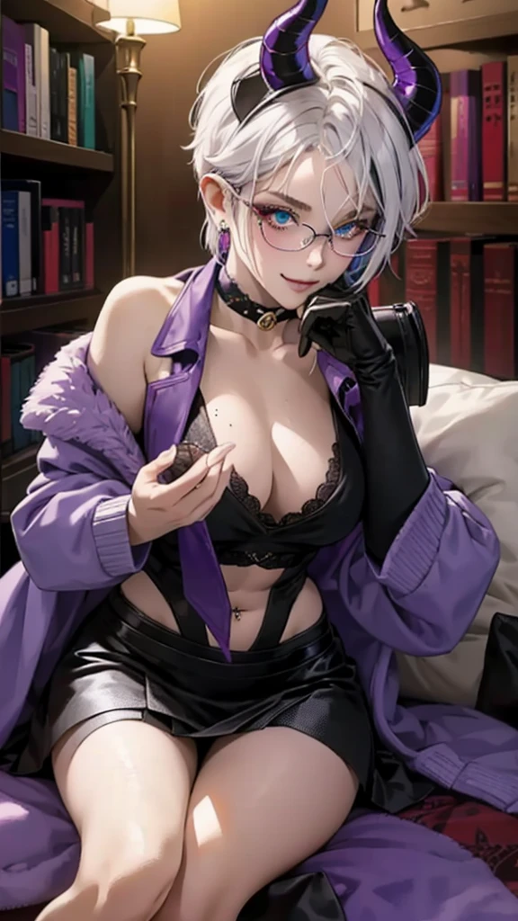8k, masterpiece, best quality, highly detailed, 1 girl, tiefling, warlock, multicolored hair, very short straight hair green highlight hair on white hair, strippled hair, wearing glasses, round glasses, earrings, red eyeshadow, long eyelashes,navel piercing, blushed cheek, necklace, collarbone, high heels, mole, glamorous, purple and teal clothing, villainy, smirk, seductive face, fullbody view, rings, looking at viewer, standing, demon horns, solo, hand touching cheek, library, black lace gloves, holding book, miniskirt.