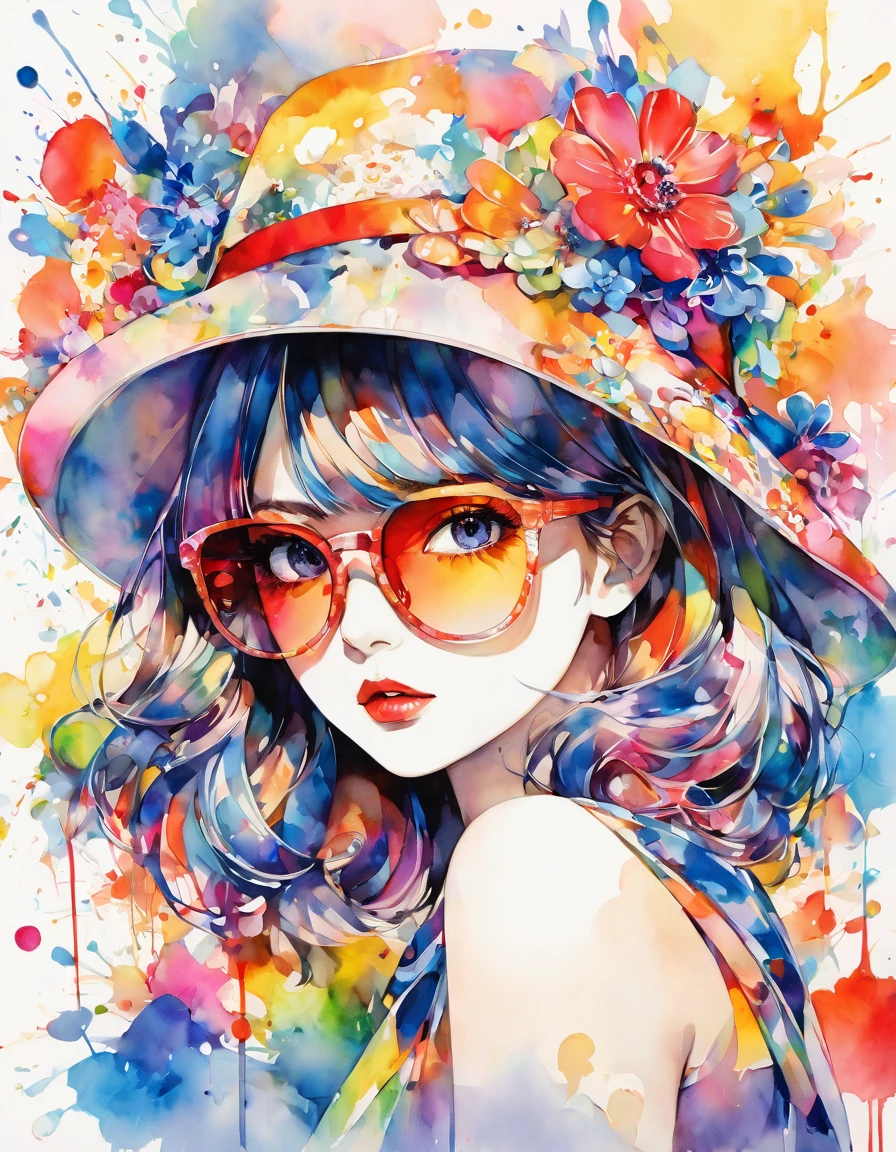 beautiful woman portrait, Sylvia Pelissero watercolors, colorful flowers、beautiful eyes、 abstract art, intense watercolor, watercolor detailed art, watercolor splash, surreal, avant-garde pop art, Beautiful and expressive paintings, Beautiful artwork illustration, very colorful tones, wonderful, cool beauty, highest quality,official art, women only, sharp outline, best shot, vector art, lips in love、Fashionable hats、Stylish sunglasses、 (((The strongest beautiful girl of all time))), (((Japanese)))、Idol、clear, Fashionable hats, (((highest quality))), bob hair, lips in love, HDR, ((Detailed details)), stylish fashion, detailed clothing texture, (((graffiti art))), colorful hair, ((masterpiece))、((Super detailed))