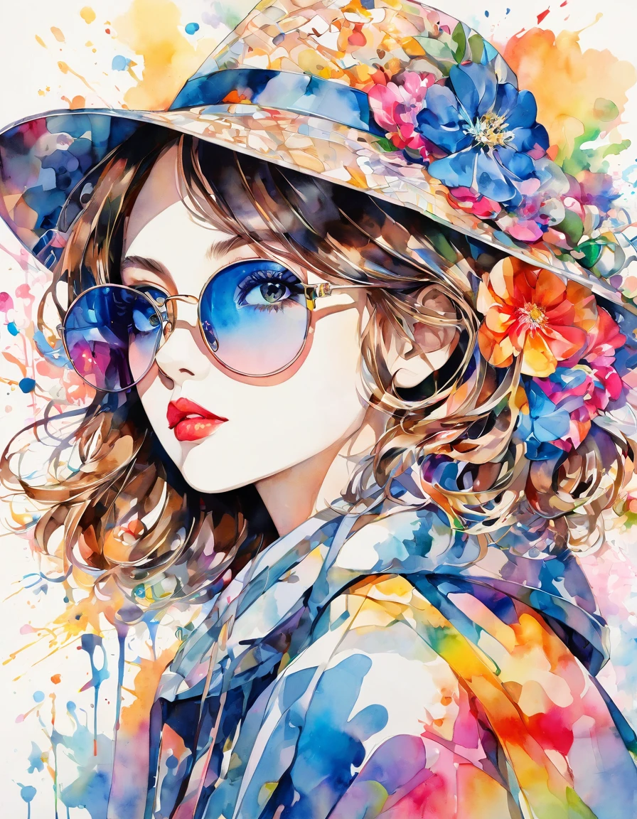 beautiful woman portrait, Sylvia Pelissero watercolors, colorful flowers、beautiful eyes、 abstract art, intense watercolor, watercolor detailed art, watercolor splash, surreal, avant-garde pop art, Beautiful and expressive paintings, Beautiful artwork illustration, very colorful tones, wonderful, cool beauty, highest quality,official art, women only, sharp outline, best shot, vector art, lips in love、Fashionable hats、Stylish sunglasses、 (((The strongest beautiful girl of all time))), (((Japanese)))、Idol、clear, Fashionable hats, (((highest quality))), bob hair, lips in love, HDR, ((Detailed details)), stylish fashion, detailed clothing texture, (((graffiti art))), colorful hair, ((masterpiece))、((Super detailed))