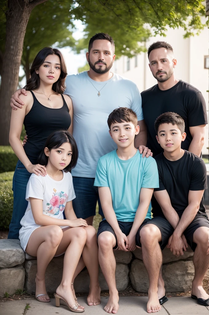 family photo, with a 45 year old woman, a 19 year old, a 36 year old man and a 14 year old boy