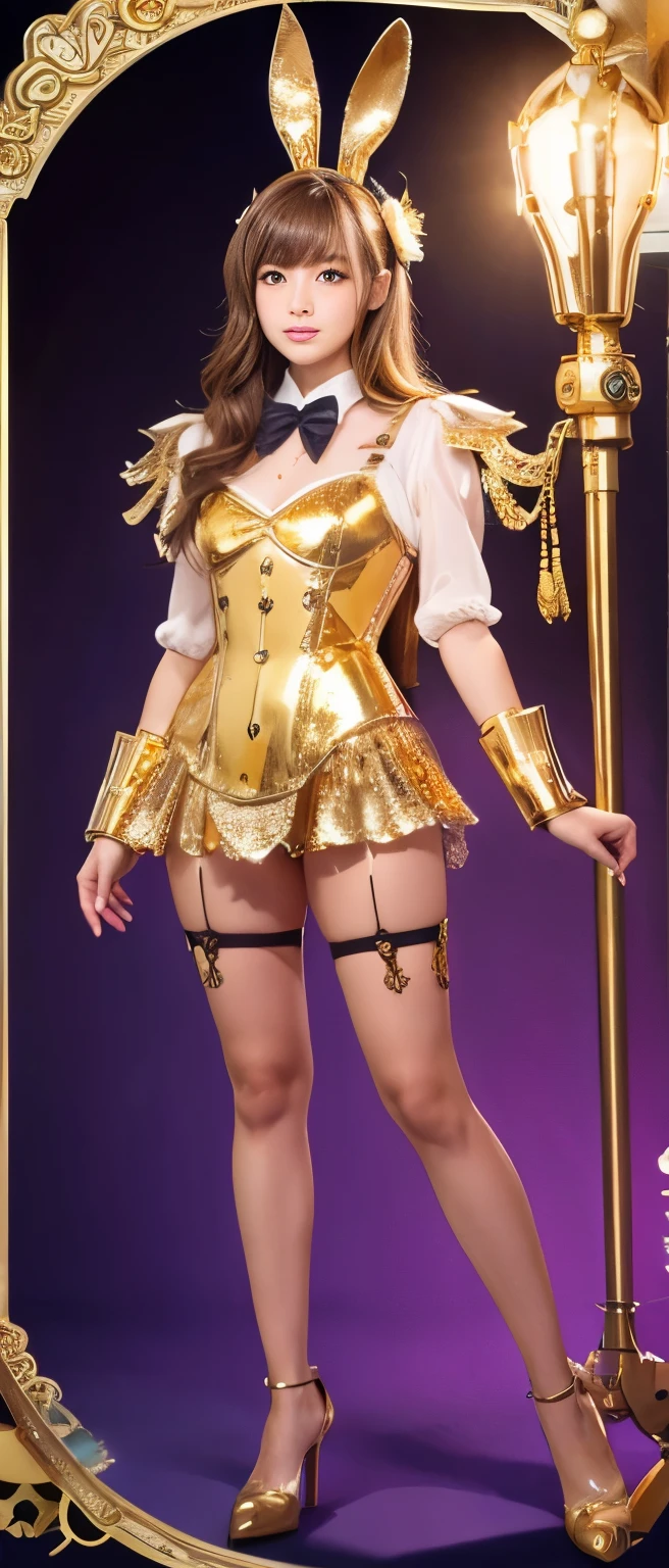 Tall Cute Bunny Girl Idol Knight、whole body、Good style、、、、、、、、、、Tanned thick legs、、Gold Sequin Steampunk Armor Bunny Suit、Neat and clean idol face、Glowing、