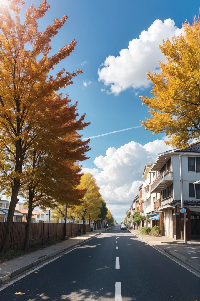 A street that starts in white clouds,like cotton flakes, In a blue sky,with autumn sun, light is soft. The road goes down to the earth,next to the blue and calm sea