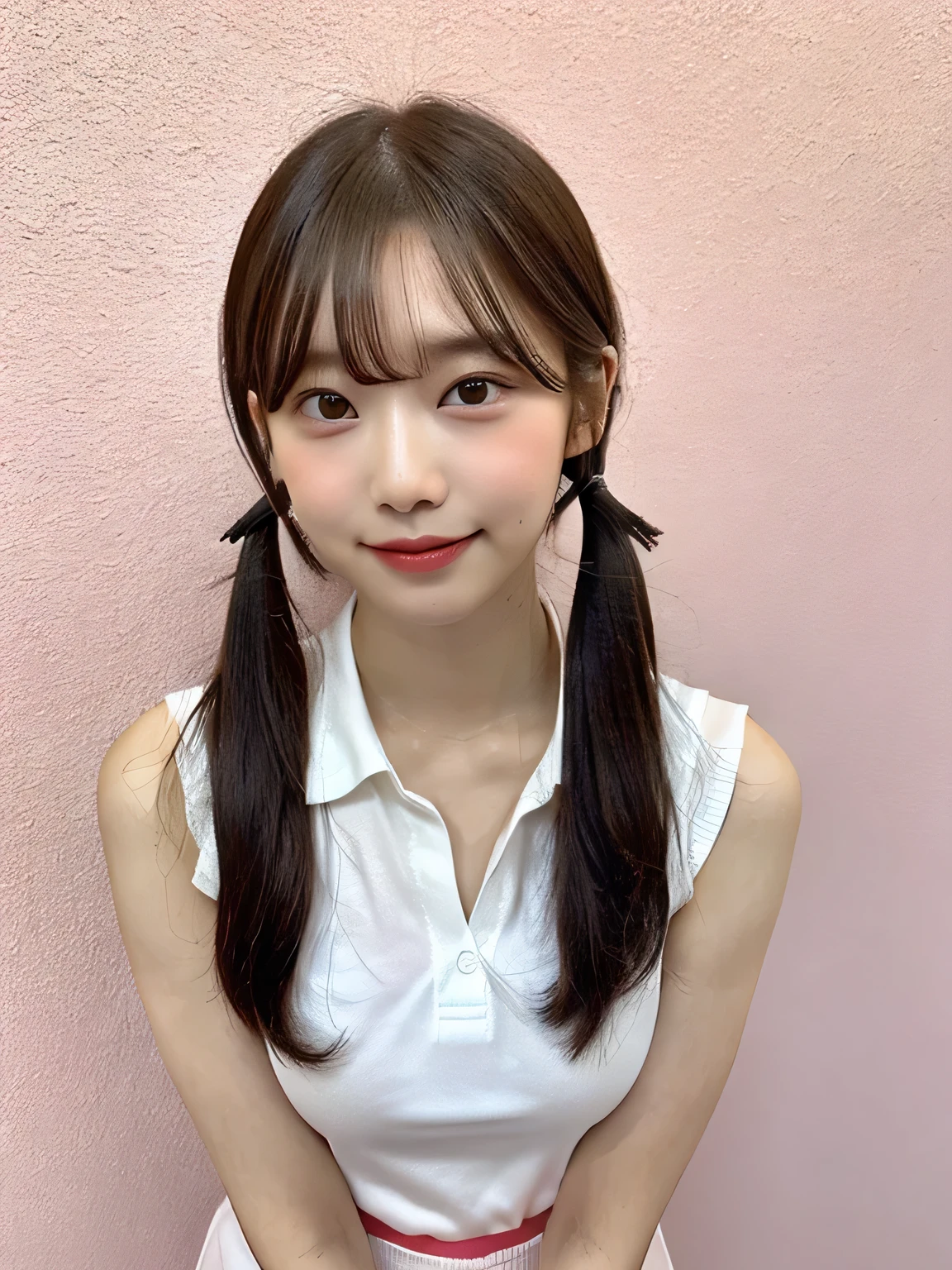 One person、11 years old、Full body photo,slender、woman、White drool coming out of the mouth、smile、、Twin tails、 Fair skin, messy hair, super cute、Soft and Face、8K resolution、Surreal、Ultra high definition、 A-cup small breasts((Highest resolution、8K、masterpiece:1.3))、Ultra-fine face、Ultra Fine Lips、Beautiful Eyes、double eyelid,Pink wall、Sleeveless red polo shirt、White Skirt、Thighs、thin,Thighsが見える、Shapely small breasts、sexy
