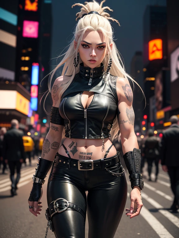 in NYC, Times Square, 25 year old woman in wolf style, from DC comics, with dreadlocks, intergalactic anti-heroine, known for her cruelty and sarcastic behavior.. He is depicted as an alien humanoid with pale white skin.., long black dreadlocks, and super muscular physique in tight black leather pants.. His bright red eyes give him a menacing appearance..... Often dressed in an open black leather vest.., tight pants, and heavy boots,Belt holster, he has a punk rock look. With tattoos and scars all over my body, emphasizing his seasoned character.,
