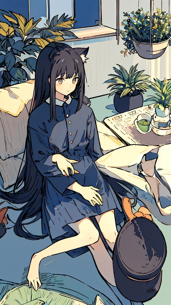 a girls, from above, plant, black hair, cat, lying, indoors, holding, long sleeves, long hair,potted plant, loaded interior, long hair, on back, stuffed animal, bangs, slippers,blue sky,ビル群を歩く