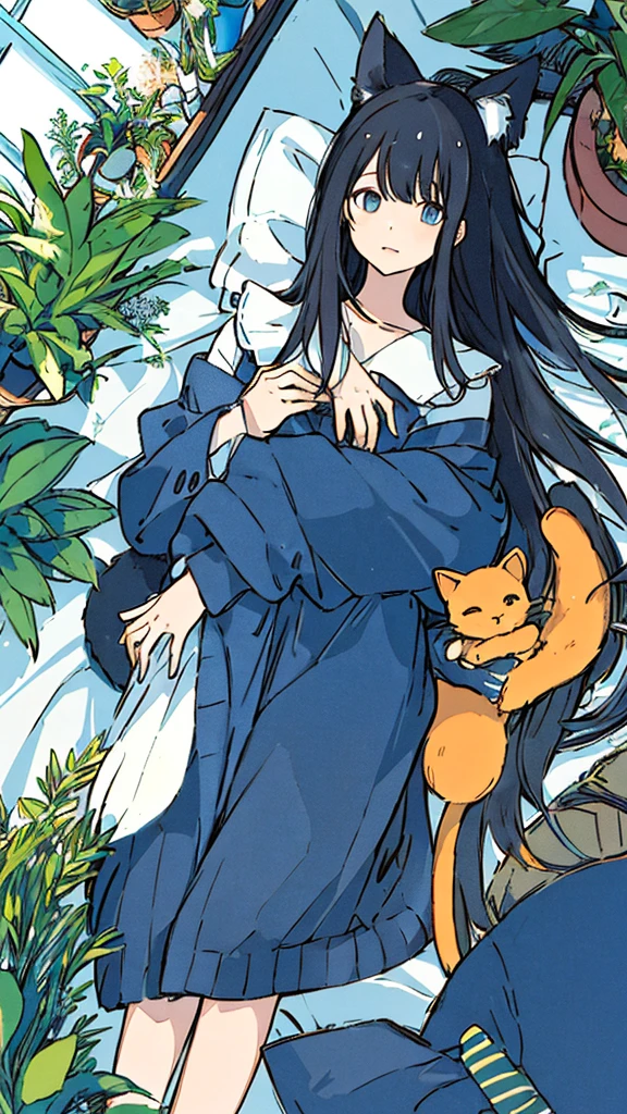 a girls, from above, plant, black hair, cat, lying, indoors, holding, long sleeves, long hair,potted plant, loaded interior, long hair, on back, stuffed animal, bangs, slippers,blue sky,ビル群を歩く