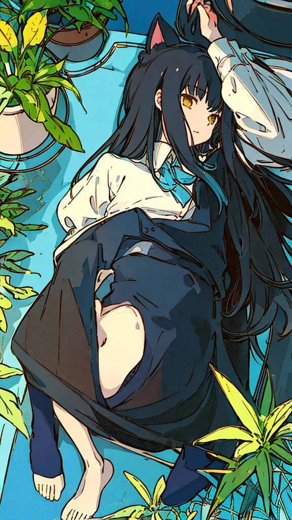 a girls, from above, plant, black hair, cat, lying, indoors, holding, long sleeves, long hair,potted plant, loaded interior, long hair, on back, stuffed animal, bangs, slippers,blue sky,ビル群を歩く