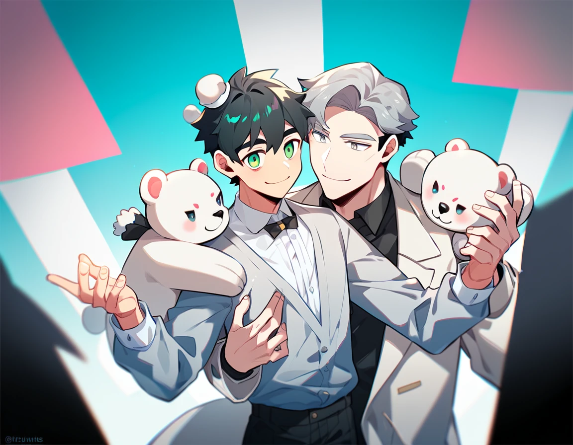 2 young men, focus man , Yaoi, pair, same height,portable princess, bear, look elsewhere, smile, short hair, black hair, green eyes, black hair, gray eyes , The best aesthetics , best quality, Amazing quality, The best aesthetics, nonsense,bright
