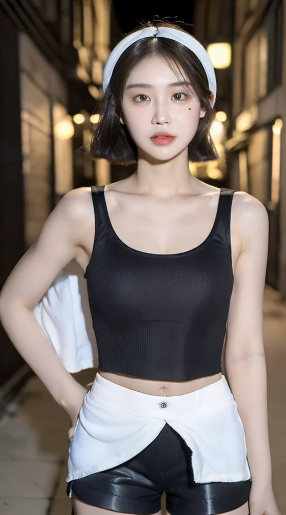 ((Best Quality, 8K, Masterpiece: 1.3)), (Flower Cap: 1.3), Focus: 1.2, Perfect Body Beauty: 1.4, Buttocks: 1.2, (Layered Haircut: 1.2)), (Dark Street: 1.3), Highly Detailed Face and Skin Texture, Full Body, Delicate Eyes, Double Eyelids, Whitened Skin, Long Hair, (Round Face: 1.5), (Loose Crop Top, Shorts: 1.6)