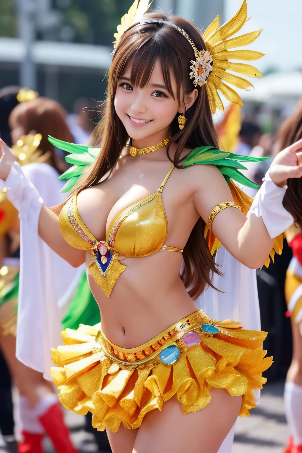 The cutest girl who works as a gravure idol、Shiny brown hair、Attend the Rio Carnival、The dancers are captivated by the samba costumes called tangas, which have wings on the back.。.。She smiled confidently.、Professional pose for the camera。Her fashion and expression、The perfect balance of cuteness and elegance、Engage your audience、&#39;Don't let go.。Through this scene、Express her charm to the fullest。"