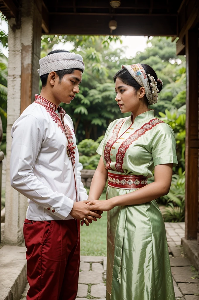 A 25 year old man, wearing traditional Indonesian pre-wedding clothes. Seorang perempuan wearing traditional Indonesian pre-wedding clothes. wearing a headscarf pose holding hands looking at each other