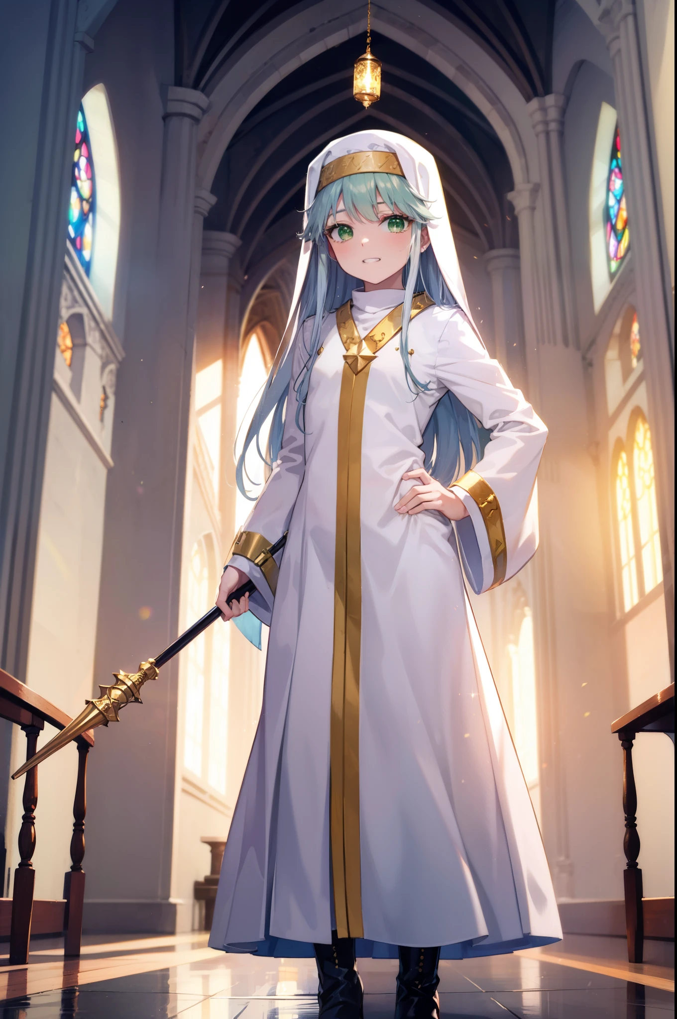 index, index, (Green Eyes:1.5), Silver Hair, Long Hair, (Flat Chest:1.2),Grin,
break habit, Long sleeve, Nuns, Robe, white Robe, Wide sleeves,Long skirt,boots,Put your right hand on your hip,In his left hand he holds a long sacred staff,whole bodyがイラストに入るように,
break looking at viewer, whole body,
break indoors, church,
break (masterpiece:1.2), Highest quality, High resolution, unity 8k wallpaper, (figure:0.8), (Beautiful attention to detail:1.6), Highly detailed face, Perfect lighting, Highly detailed CG, (Perfect hands, Perfect Anatomy),