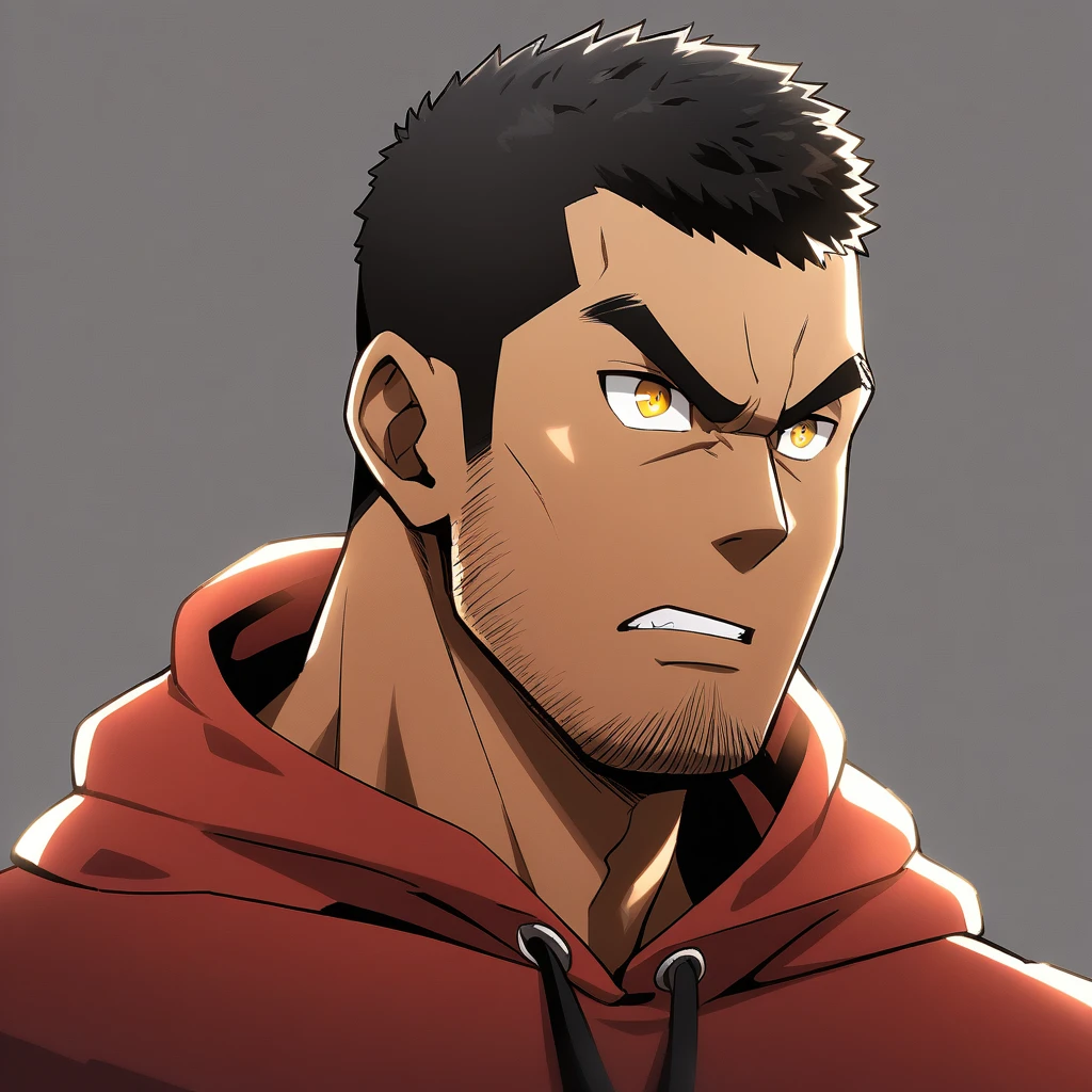 anime characters:Gyee, Young Muscle Sports Teacher, negro black skin, Manliness, male focus, Dark red long-sleeved hooded sweatshirt, Very tight, muscular male, muscular, only, Upper body, alone, Black short hair, Thick eyebrows, stubble, Yellow eyes, Grey background, simple background, amazing quality, best aesthetics, Ridiculous, bright pupils, crew cut, parted lips, angry, v-shaped eyebrows, jitome, frown, best quality