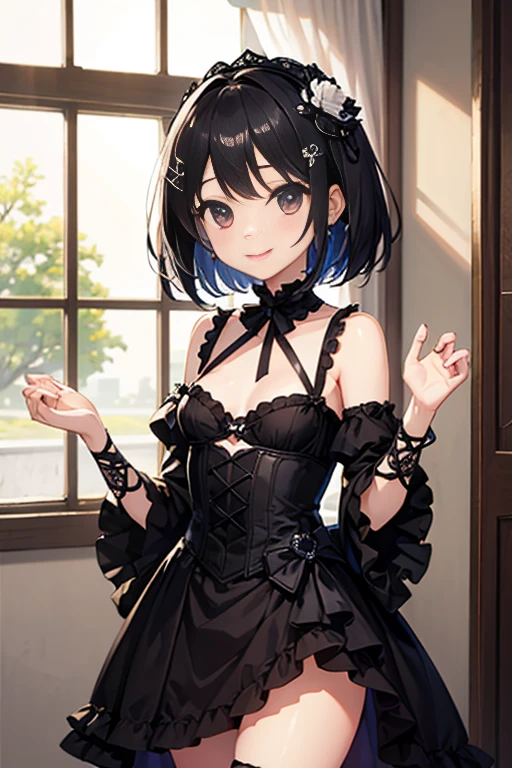 Black Hair、Iris、short hair、Girl、cute、16 years old、Gothic Lolita、smile、、Small breasts、Small hair ornament、