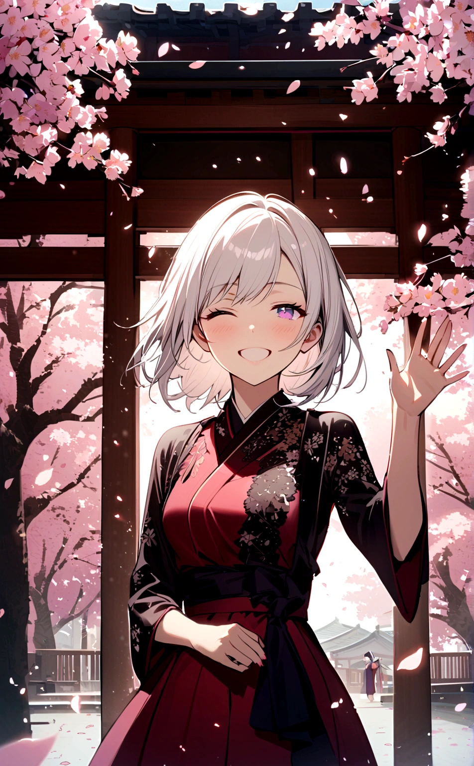 A beautiful japanese girl,with short white hair, Violet eyes, wearing a beautiful short dress, standing under the cherry blossom tree, Smiling happily her eyes closed,her hair and clothes waving in the wine,light pink petals scattering down from the cherry blossom tree.(Half body,front facing)