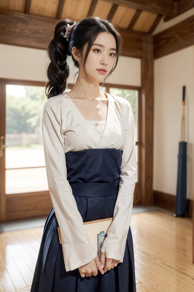 (((best quality))),(((ultra detailed))),(((masterpiece))),illustration,1girl,solo,short ponytail,slim,thin,small breasts,flat chest,white kendogi,three-quarter sleeves,navy-blue kendo hakama,standing in kendodo gym,arms behind back,focused and determined expression,ready for challenge,slender and elegant face,confident and resilient,fair skin,blush,neat teeth,bright smile,clean and tidy uniform,wooden gym floor,wall,pine scent,standard grip,ready to slice through obstacles,strong belief,determination,spirit of resilience,admiring