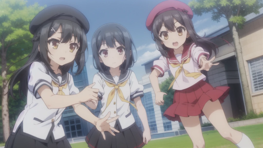 One girl,alone,smile,Outdoor,
Miu,brown_eye,black_hair,length_hair,前hair,hair_between_eye,hair_ornament,hairclip,Friendly_School_School_uniform,School_uniform,Puffy_sleeve,short_sleeve,shirt,white_shirt,Puffy_short_sleeve,black_skirt,Pleats_skirt,ribbon,head_ribbon,Knee socks,black_Knee socks,Have,brown_hat,beret,