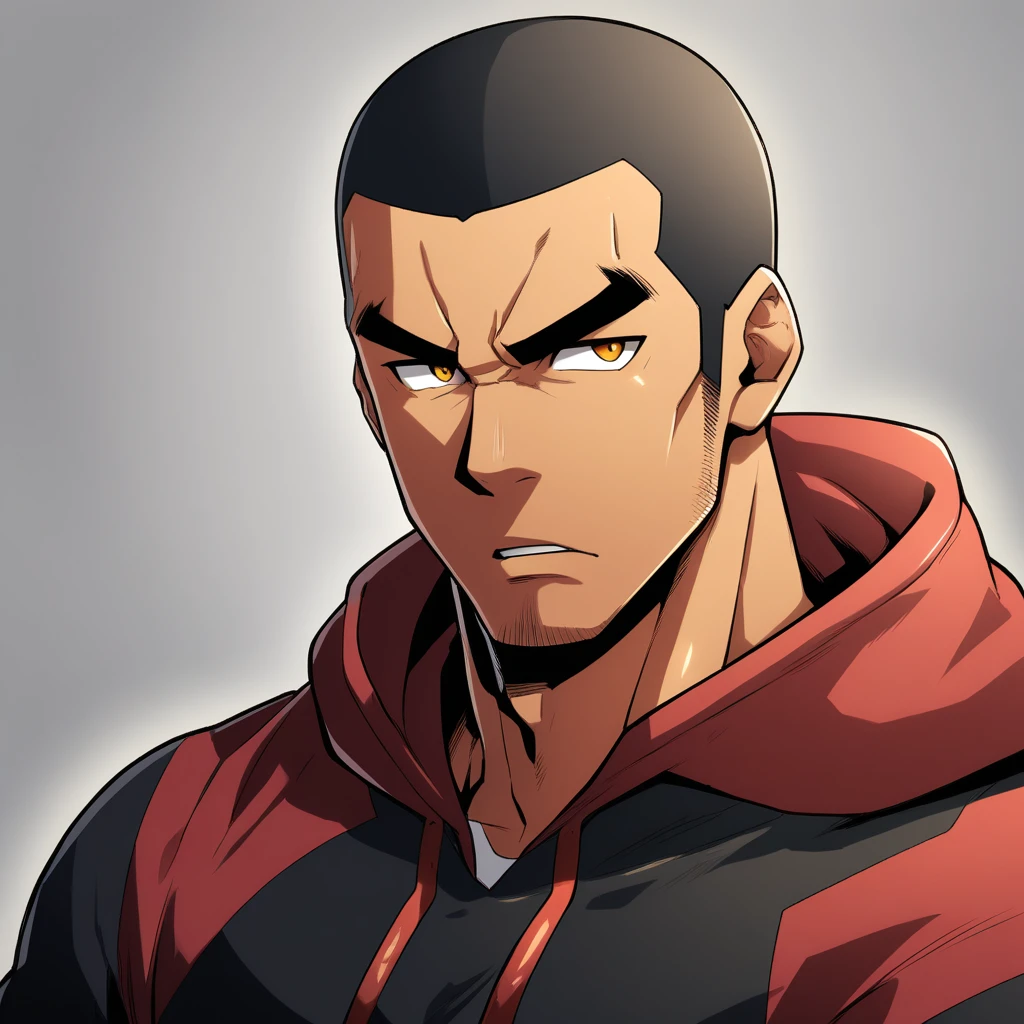 anime characters:Gyee, Young Muscle Sports Teacher, negro black skin, Buzz Cut, Manliness, male focus, Dark red long-sleeved hooded sweatshirt, Very tight, muscular male, muscular, only, Upper body, alone, Black short hair, Thick eyebrows, stubble, Yellow eyes, Grey background, simple background, amazing quality, best aesthetics, Ridiculous, bright pupils, crew cut, parted lips, angry, v-shaped eyebrows, jitome, frown, best quality
