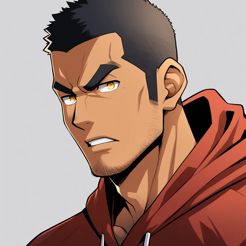 anime characters：Gyee, Young Muscle Sports Teacher, negro black skin, Buzz Cut, Manliness, male focus, Dark red long-sleeved hooded sweatshirt, Very tight, muscular male, muscular, only, Upper body, alone, Black short hair, Thick eyebrows, stubble, Yellow eyes, Grey background, simple background, amazing quality, best aesthetics, Ridiculous, bright pupils, crew cut, parted lips, angry, v-shaped eyebrows, jitome, frown, best quality