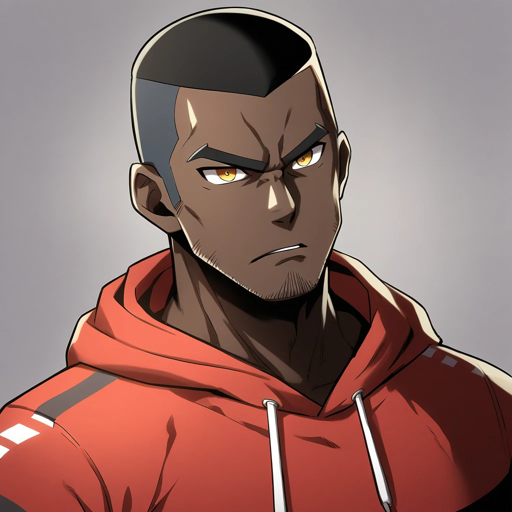 anime characters：Gyee, Young Muscle Sports Teacher,  black skin, Buzz Cut, Manliness, male focus, Dark red long-sleeved hooded sweatshirt, Very tight, muscular male, muscular, only, Upper body, alone, Black short hair, Thick eyebrows, stubble, Yellow eyes, Grey background, simple background, amazing quality, best aesthetics, Ridiculous, bright pupils, crew cut, parted lips, angry, v-shaped eyebrows, jitome, frown, best quality
