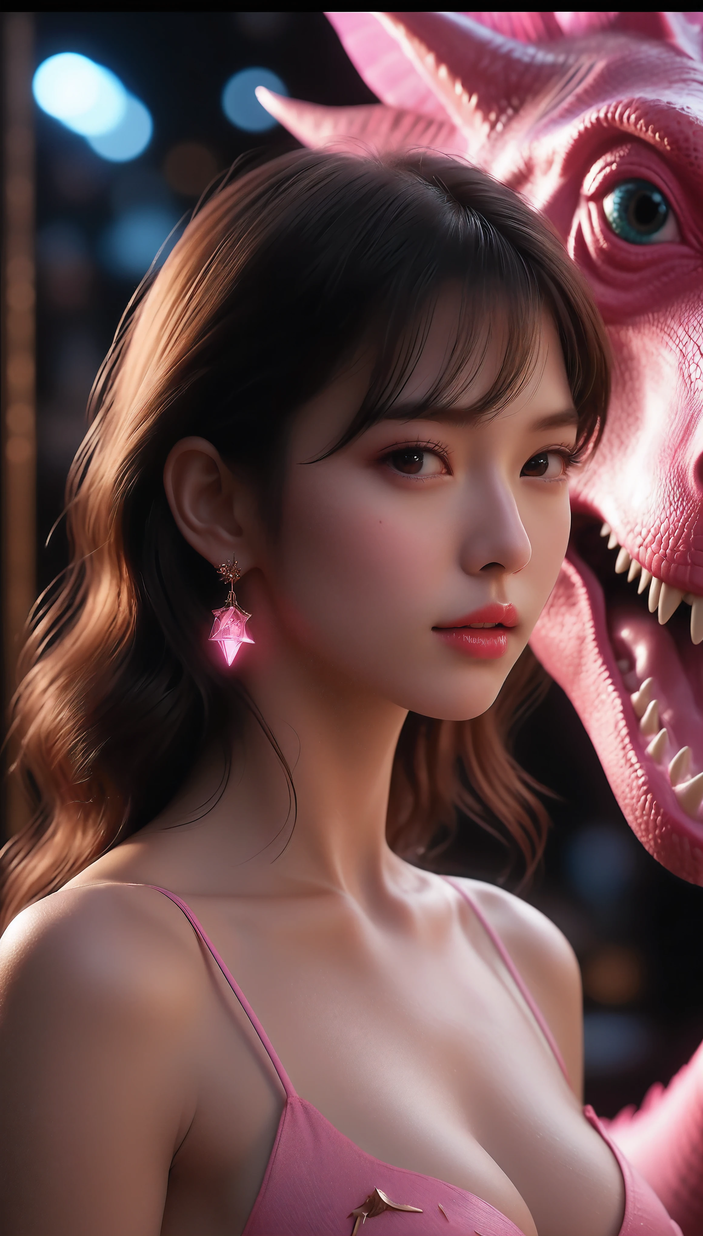 ((Masterpiece in maximum 16K resolution):1.6),((soft_color_photograpy:)1.5), ((Ultra-Detailed):1.4),((Movie-like still images and dynamic angles):1.3). | (Macro shot cinematic photo of beautiful Female with Cute Pink Dinosaur), (Cute pink Dinosaur), (Beautiful Female), (focus on the Dinosaur), (macro lens), (exotic accesories), (Dark Neon), (luminous object), (Cute atmosphere), (shimmer), (aesthetic Female accesories), (visual experience),(Realism), (Realistic),award-winning graphics, dark shot, film grain, extremely detailed, Digital Art, rtx, Unreal Engine, scene concept anti glare effect, All captured with sharp focus. | Rendered in ultra-high definition with UHD and retina quality, this masterpiece ensures anatomical correctness and textured skin with super detail. With a focus on high quality and accuracy, this award-winning portrayal captures every nuance in stunning 16k resolution, immersing viewers in its lifelike depiction. | ((perfect_composition, perfect_design, perfect_layout, perfect_detail, ultra_detailed)), ((enhance_all, fix_everything)), More Detail, Enhance.