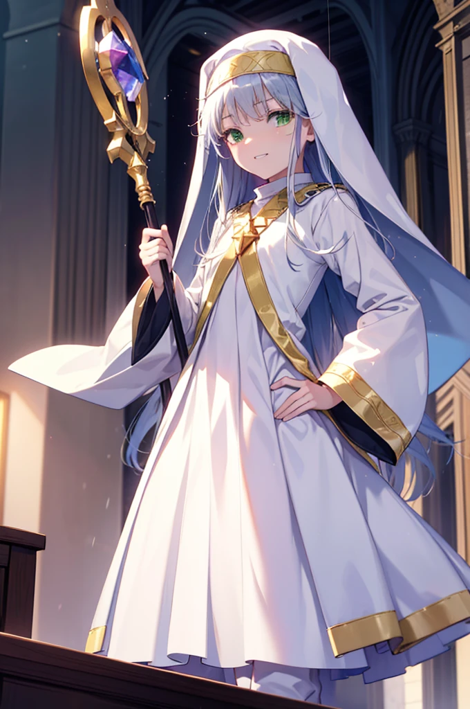 index, index, (Green Eyes:1.5), Silver Hair, Long Hair, (Flat Chest:1.2),Grin,
break habit, Long sleeve, Nuns, Robe, white Robe, Wide sleeves,Long skirt,boots,Put your right hand on your hip,In his left hand he holds a long sacred staff,whole bodyがイラストに入るように,
break looking at viewer, whole body,
break indoors, church,
break (masterpiece:1.2), Highest quality, High resolution, unity 8k wallpaper, (figure:0.8), (Beautiful attention to detail:1.6), Highly detailed face, Perfect lighting, Highly detailed CG, (Perfect hands, Perfect Anatomy),