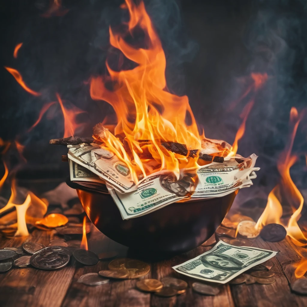 Financial blocking spirit with a stick in hands burns money with a mystical fire