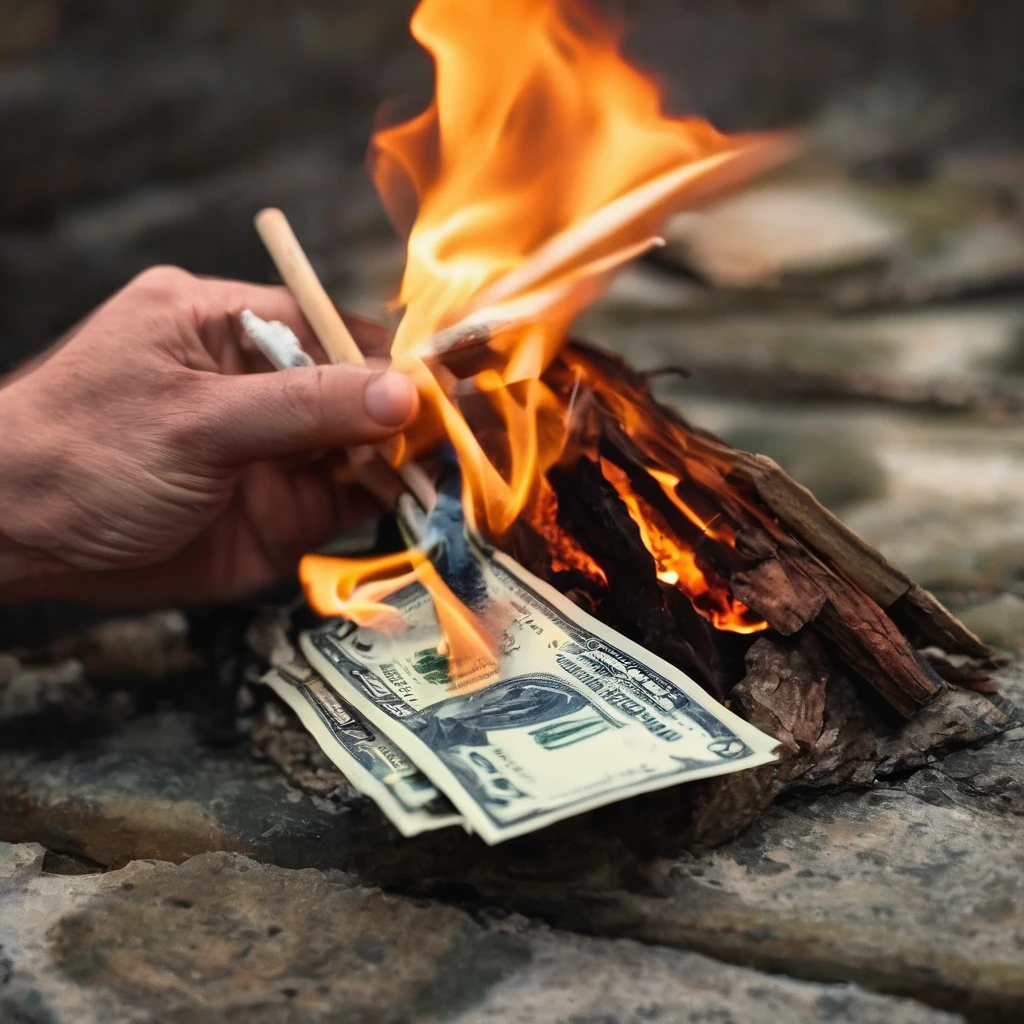 Financial blocking spirit with a stick in hands burns money with a mystical fire 