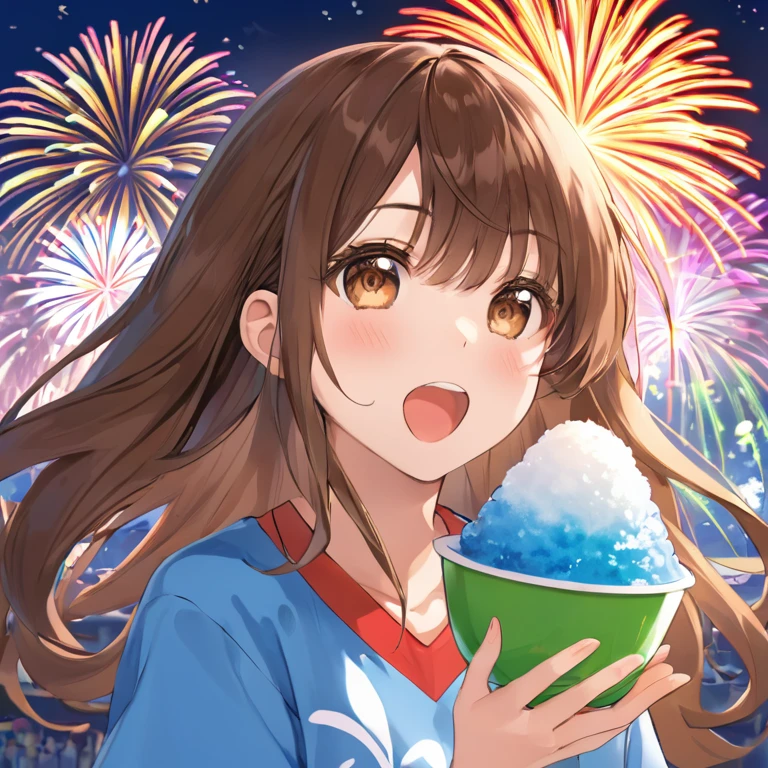Long brown hair, shaved ice, fireworks, yo-yo, goldfish