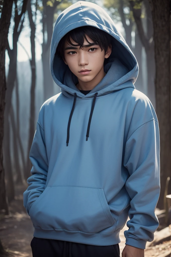 The image shows a young man with short, dark hair, well-defined eyebrows and clear eyes. He is wearing a black hooded sweatshirt and is pulling the hood with one hand.. The background of the image appears to be a landscape with elements of nature, like trees and a blue sky, possibly stylized or with lighting effects. There is an intense glow behind the young man, giving a