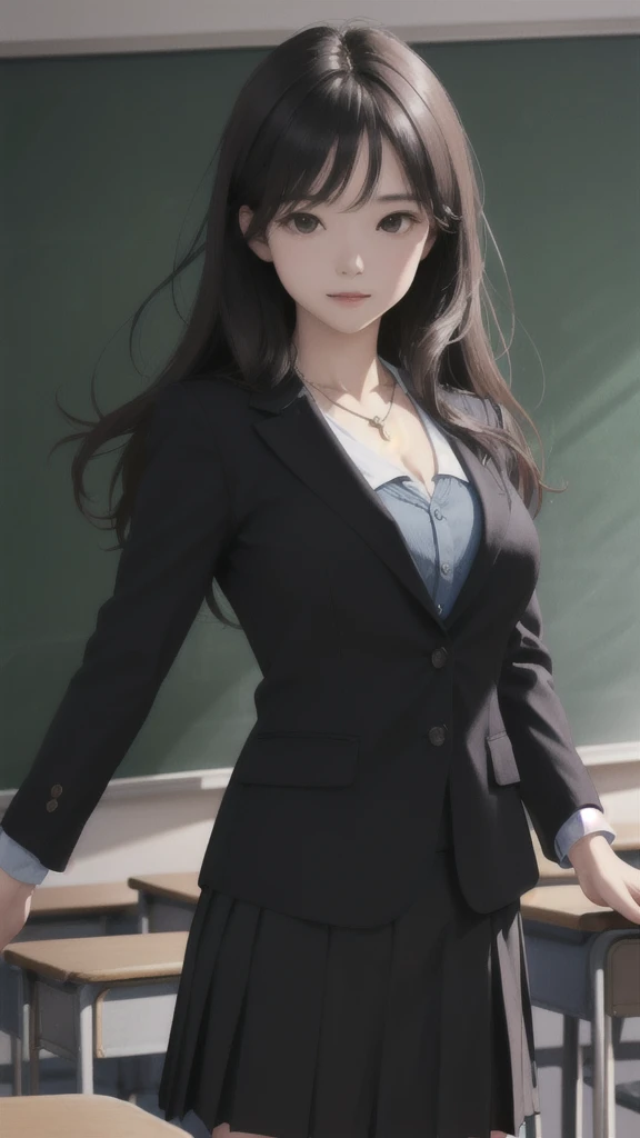 (Highly detailed CG Unity 8k wallpaper)、(masterpiece)、(Highest quality)、(Super detailed)、(Best illustrations)、(Best Shadow)、Ultra-high resolution、(Real、Photorealistic:1.2)、(Beautiful student teacher:1.4)、Facing forward、Dark brown long hair、(Large Breasts:1.2)、(School classroom:1.4)、(Black suit skirt:1.4)、(Cute Necklace:1.2)、Puffy eyes、(Stand at the podium with the blackboard behind you:1.2)、(Close-up)、High contrast light、Upper Body