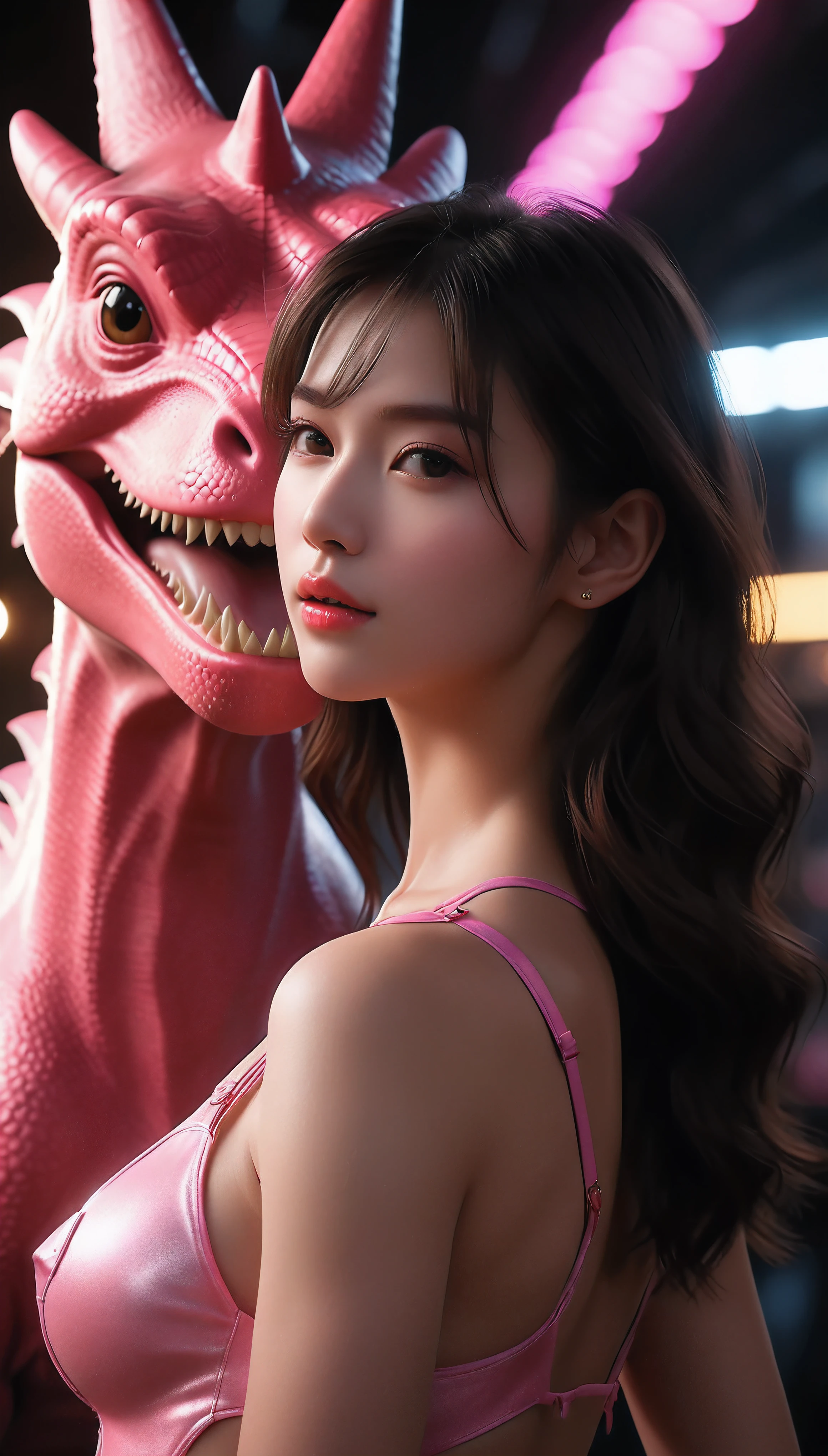((Masterpiece in maximum 16K resolution):1.6),((soft_color_photograpy:)1.5), ((Ultra-Detailed):1.4),((Movie-like still images and dynamic angles):1.3). | (Macro shot cinematic photo of beautiful Female with Cute Pink Dinosaur), (Cute pink Dinosaur), (Beautiful Female), (focus on the Dinosaur), (macro lens), (exotic accesories), (Dark Neon), (luminous object), (Cute atmosphere), (shimmer), (aesthetic Female accesories), (visual experience),(Realism), (Realistic),award-winning graphics, dark shot, film grain, extremely detailed, Digital Art, rtx, Unreal Engine, scene concept anti glare effect, All captured with sharp focus. | Rendered in ultra-high definition with UHD and retina quality, this masterpiece ensures anatomical correctness and textured skin with super detail. With a focus on high quality and accuracy, this award-winning portrayal captures every nuance in stunning 16k resolution, immersing viewers in its lifelike depiction. | ((perfect_composition, perfect_design, perfect_layout, perfect_detail, ultra_detailed)), ((enhance_all, fix_everything)), More Detail, Enhance.