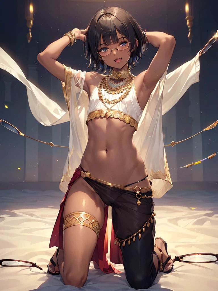 (1 boy solo:1.4),(flat chest),(dark skin:1.7), (masterpiece:1.2), highest quality, High resolution, unity 8k wallpaper, (fine and beautiful eyes:1.6), highly detailed face, perfect lighting, Detailed CG, (perfect hands, perfect anatomy), 20 years old, (black hair:1.3), (evil smile:1.4), detailed eyes, best quality, extremely detailed, very precise detailed, (glasses:1.6), (blunt bangs:1.3), (open mouth:1.3), (very short pixie cut:1.2), (Sandals:1.2), smile, (half closed eyes:1.3) ,long sidelocks, (blush),(leaning back),navel,(kneeling:1.3),(Put left knee in front:1.5), (arms behind head),(arabian clothes:1.5),,(see-through harem pants),spread legs,