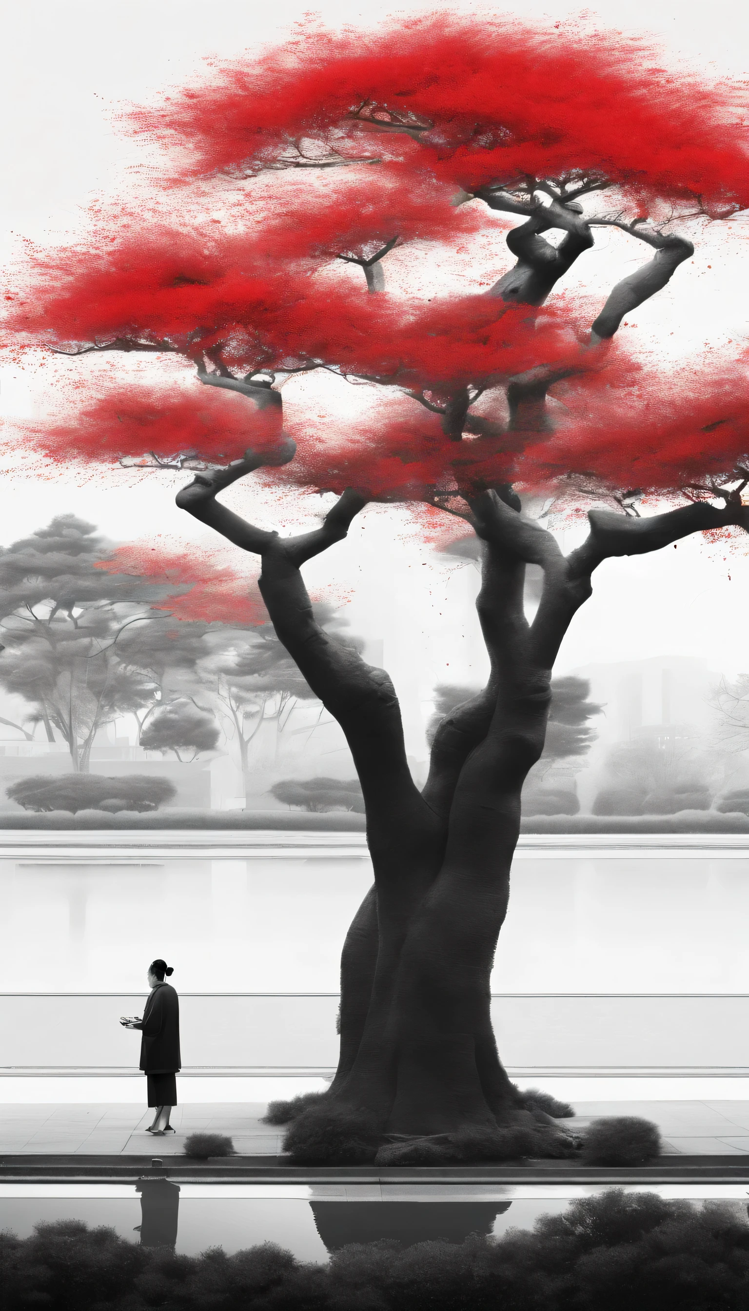 A tree with red dotted leaves, Little people under the tree, Black and white Suzhou architecture in the distance, Chinese Style Landscape Zen Minimalist Aesthetics Chinese Traditional Culture Chinese Style Landscape New Chinese Oriental Aesthetics High-end color matching