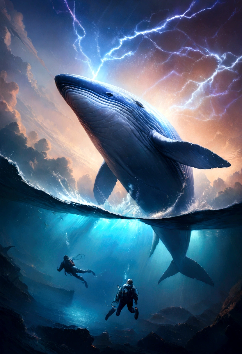 (Excellent: 1.2, Highest Quality), (Realistic, Photorealistic: 1.4), Beautiful illustration, Dutch angle, Reflection of the water surface from underwater, (Electricity-like glow, a large whale diving into the sea), Sparkling light runs through the air, The whale is wrapped in electricity and sparkles, Digital data image background, Rainbow-colored digital space, Large planet in the background,