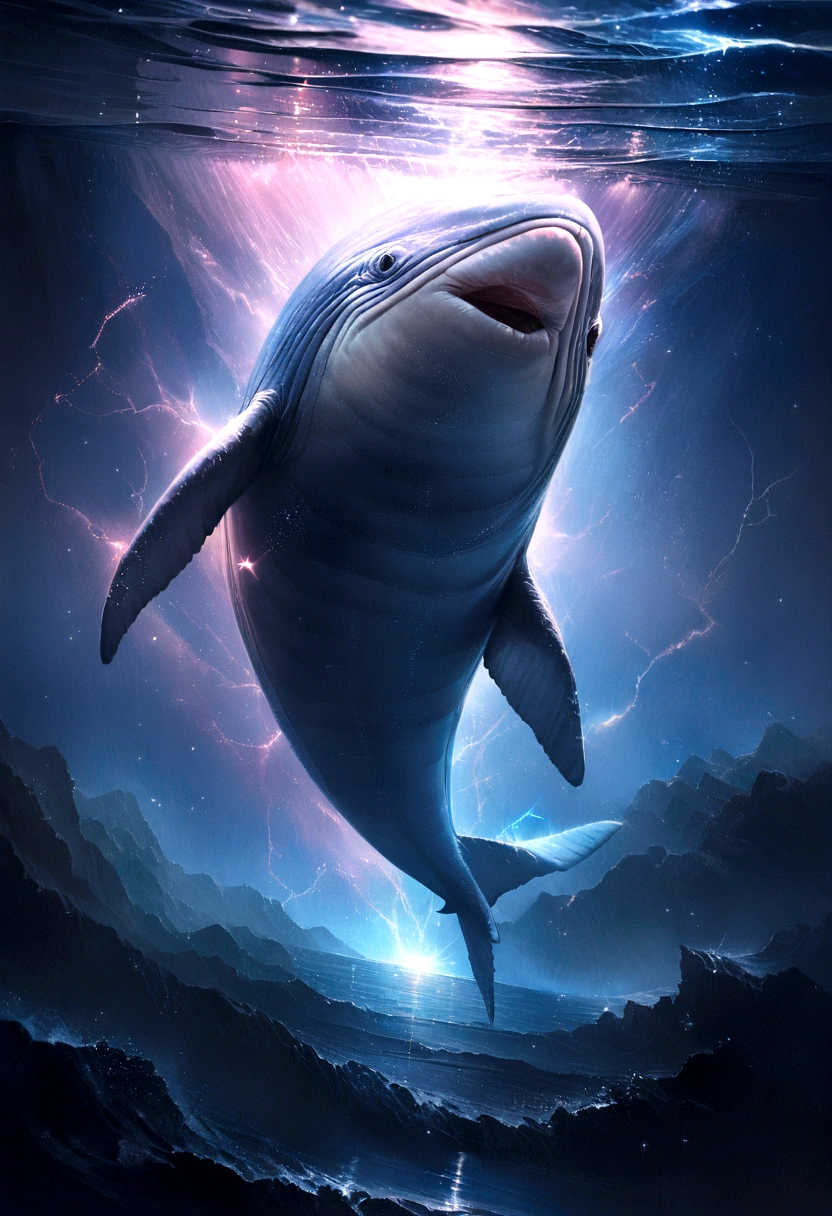 (Excellent: 1.2, Highest Quality), (Realistic, Photorealistic: 1.4), Beautiful illustration, Dutch angle, Reflection of the water surface from underwater, (Electricity-like glow, a large whale diving into the sea), Sparkling light runs through the air, The whale is wrapped in electricity and sparkles, Digital data image background, Rainbow-colored digital space, Large planet in the background,