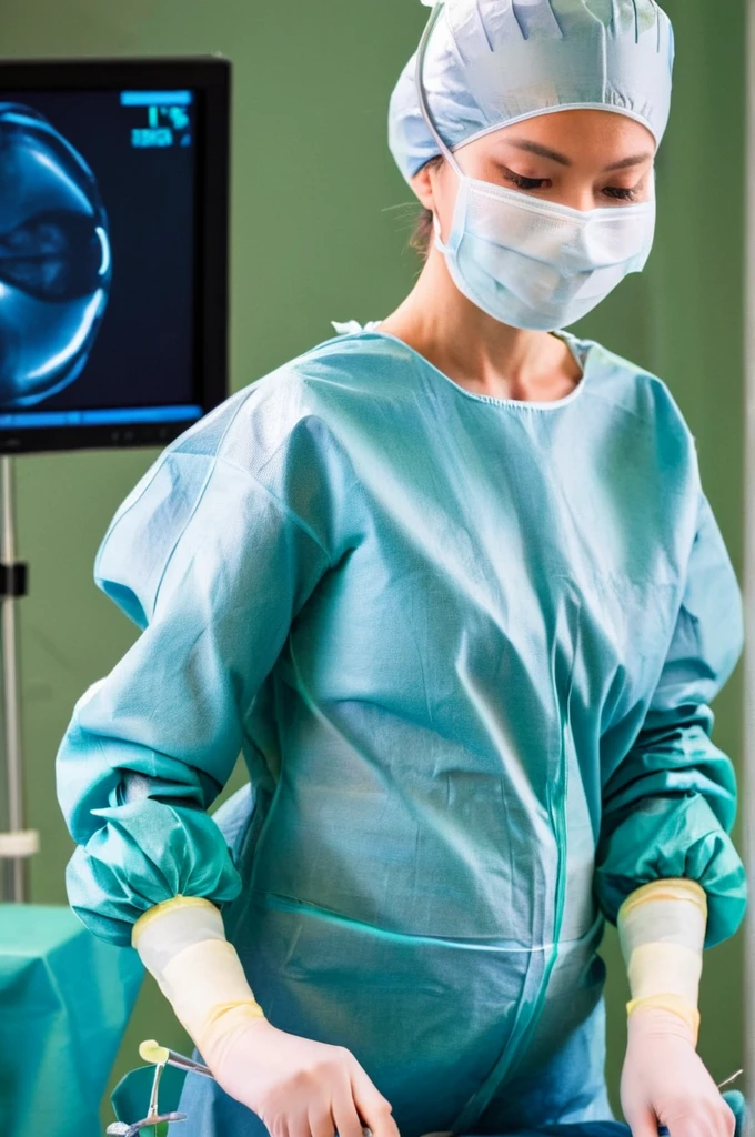 A female surgeon in surgical outfit, pregnant, surgical mask, surgical cap and surgical gloves, Detailed picture, very high resolution, operating room,